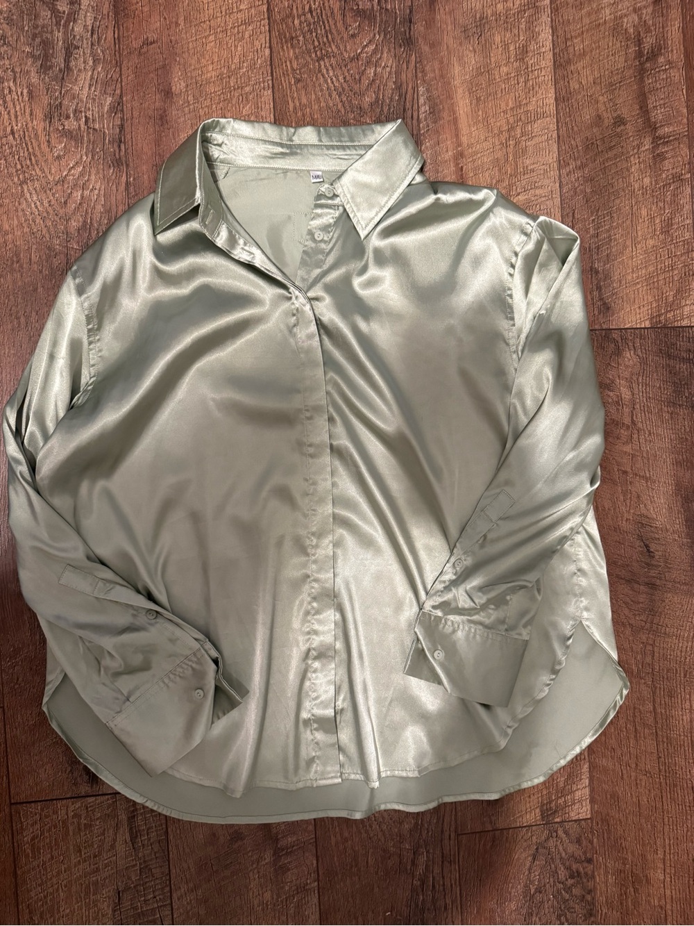 Daily Drills Satin Button-Down Shirt in Light Sage